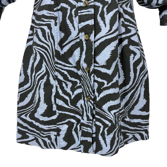 Ganni Zebra Print Cotton Shirt Dress Puff Sleeve Mini Blue Gray Designer EU34 XS - Picture 9 of 16